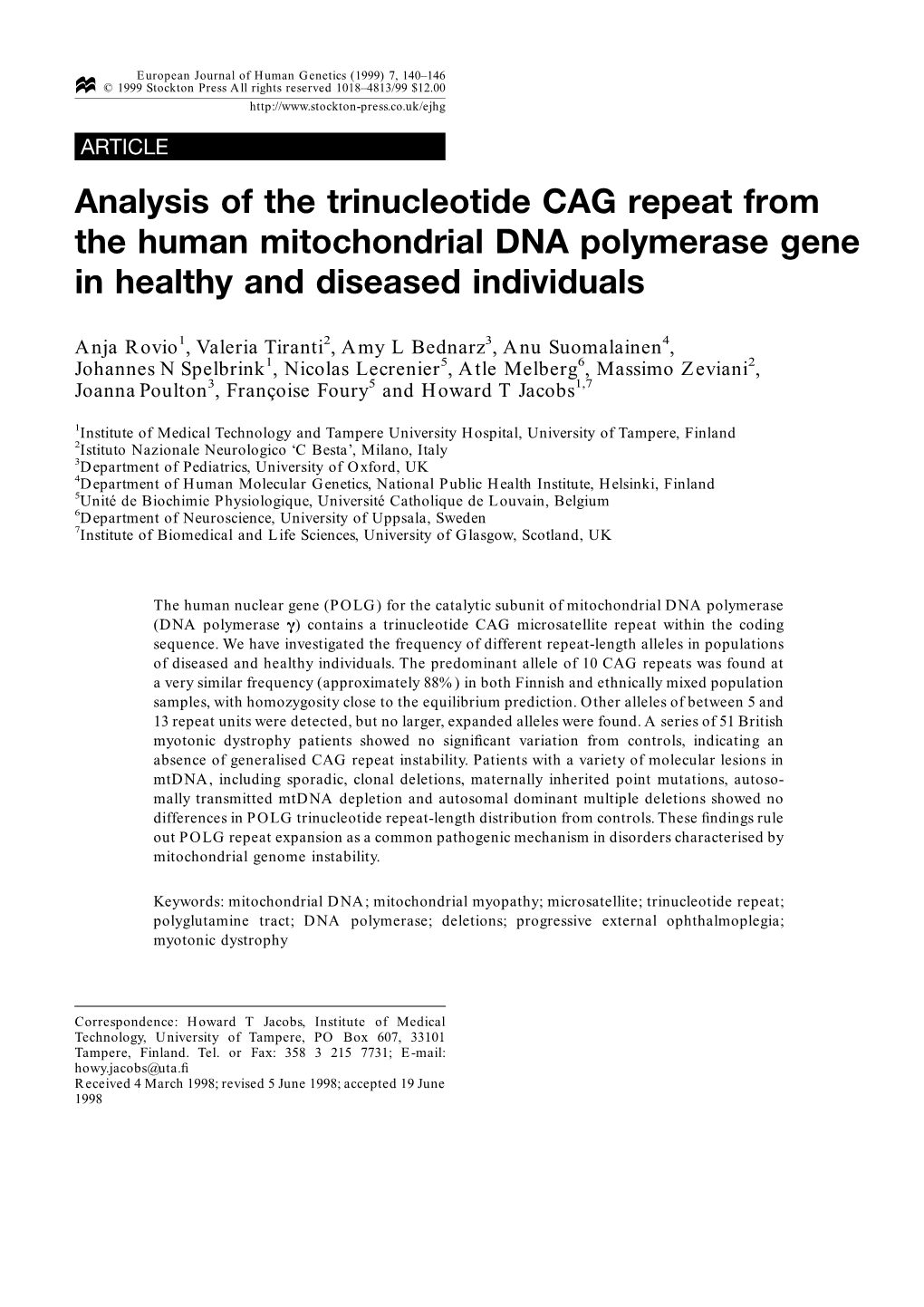 Analysis of the Trinucleotide CAG Repeat from the Human Mitochondrial DNA Polymerase Gene in Healthy and Diseased Individuals