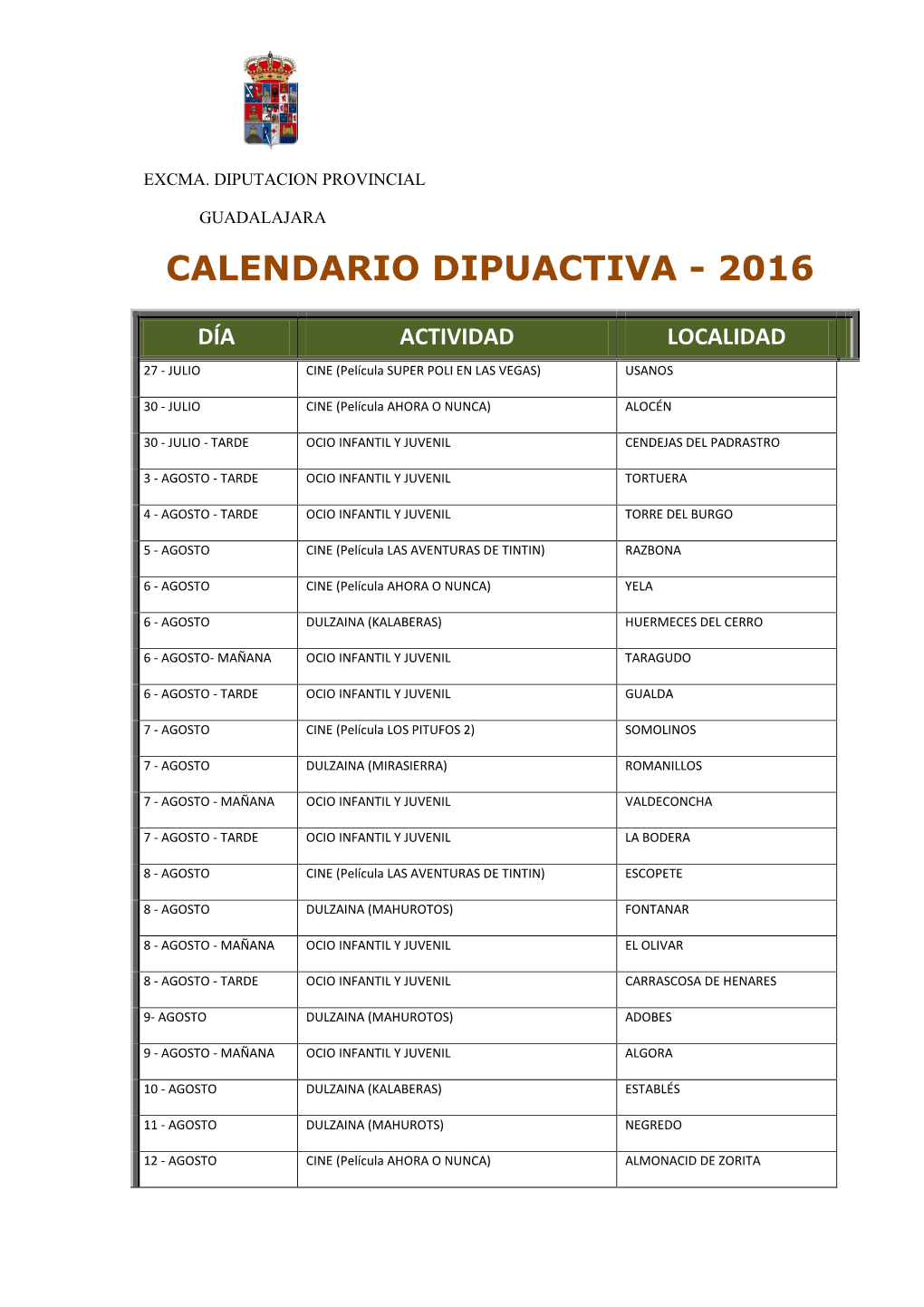 Calendario Dipuactiva - 2016