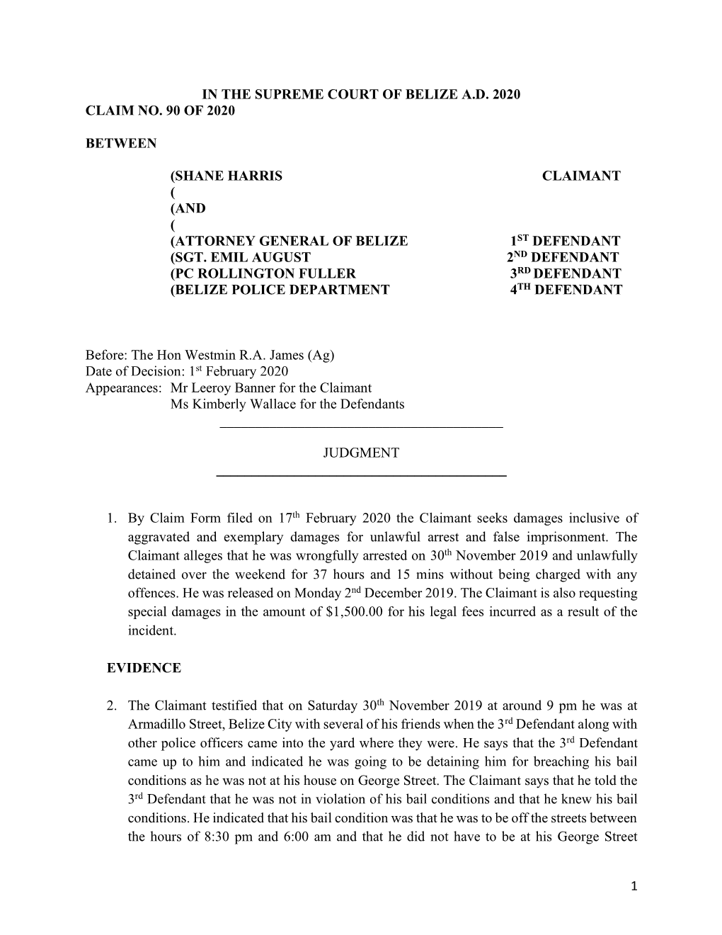 Supreme Court Claim No. 90 of 2020 Shane Harris V AG Judgment