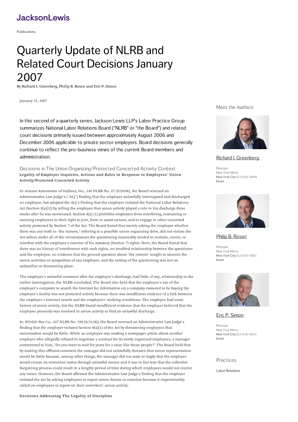 Quarterly Update of NLRB and Related Court Decisions January 2007 by Richard I