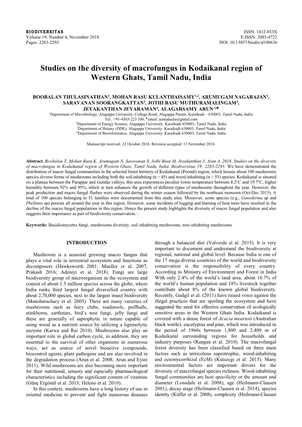 Studies on the Diversity of Macrofungus in Kodaikanal Region of Western Ghats, Tamil Nadu, India