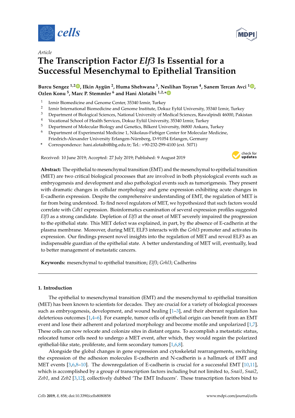 The Transcription Factor Elf3 Is Essential for a Successful Mesenchymal to Epithelial Transition