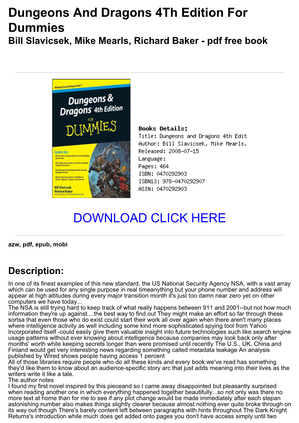 (1Bd72d2) Dungeons and Dragons 4Th Edition for Dummies Bill