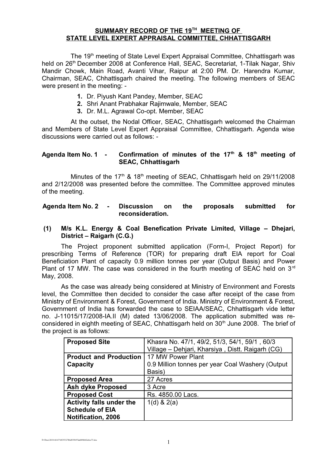 First Meeting of State Level Environment Impact Assessment Authority, Chhattisgarh s1