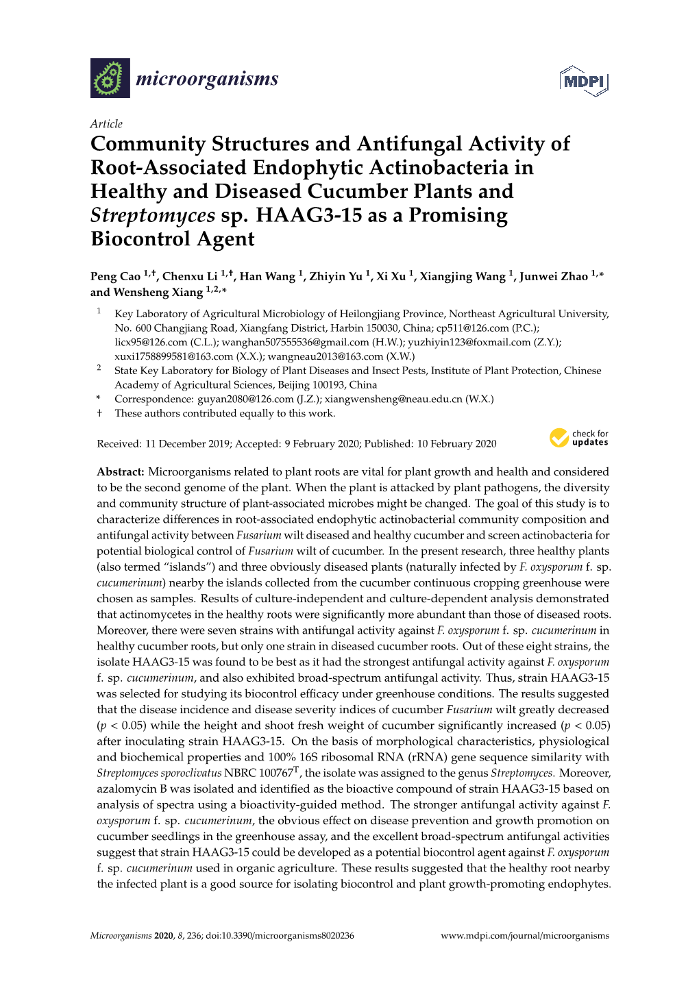 Community Structures and Antifungal Activity of Root-Associated Endophytic Actinobacteria in Healthy and Diseased Cucumber Plants and Streptomyces Sp. HAAG3-15 As a Promising