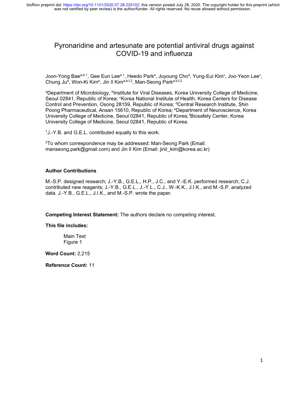 Pyronaridine and Artesunate Are Potential Antiviral Drugs Against COVID-19 and Influenza