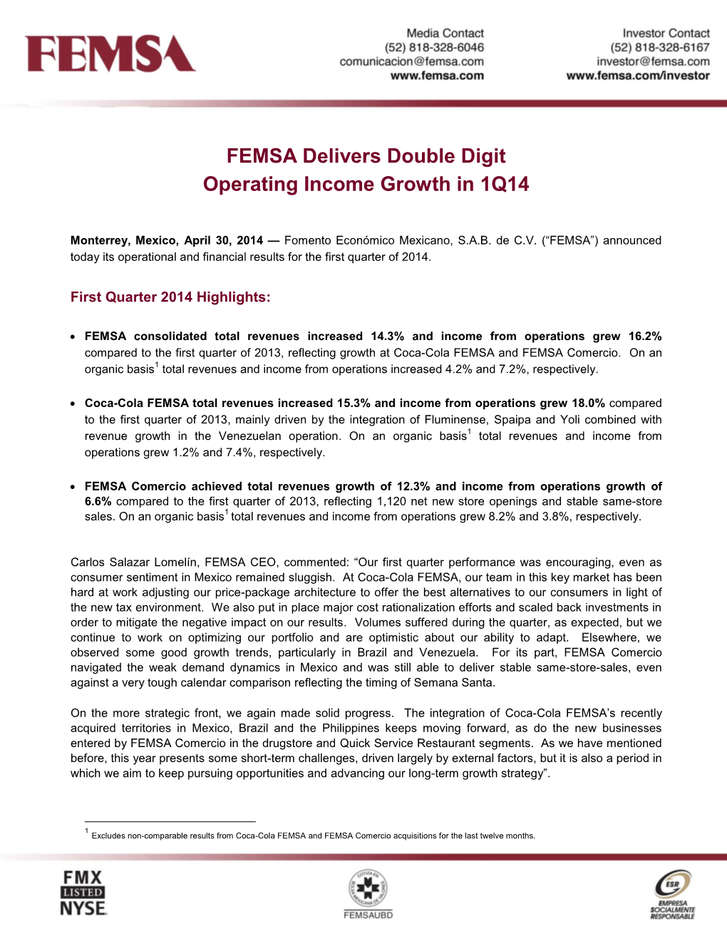 FEMSA Delivers Double Digit Operating Income Growth in 1Q14