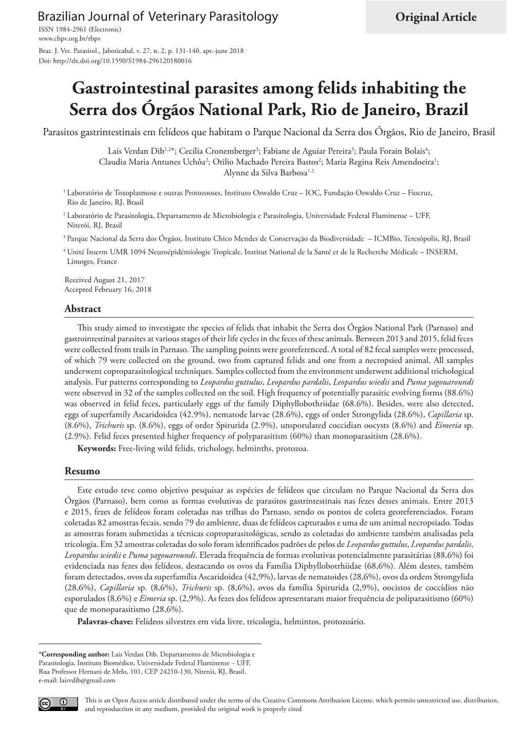 Gastrointestinal Parasites Among Felids Inhabiting the Serra Dos