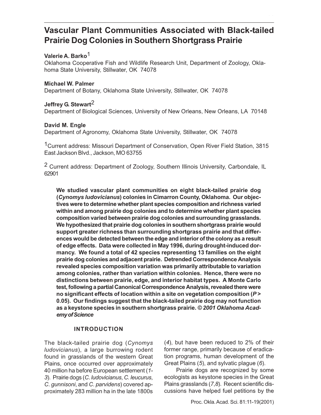 Vascular Plant Communities Associated with Black-Tailed Prairie Dog Colonies in Southern Shortgrass Prairie