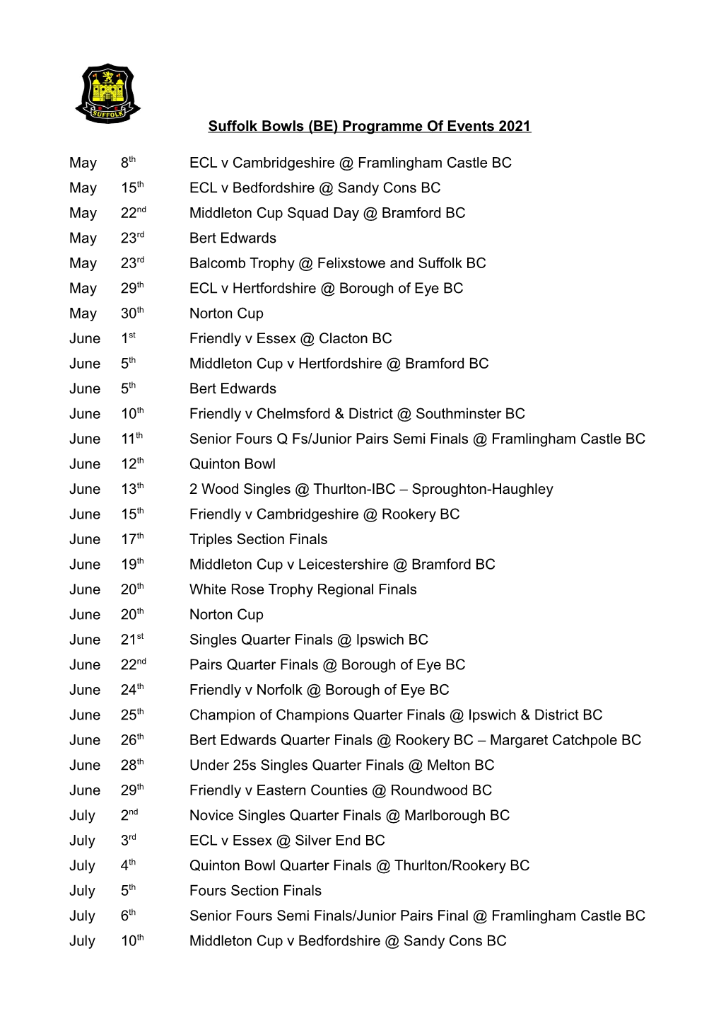Suffolk Bowls (BE) Programme of Events 2021 May ECL V
