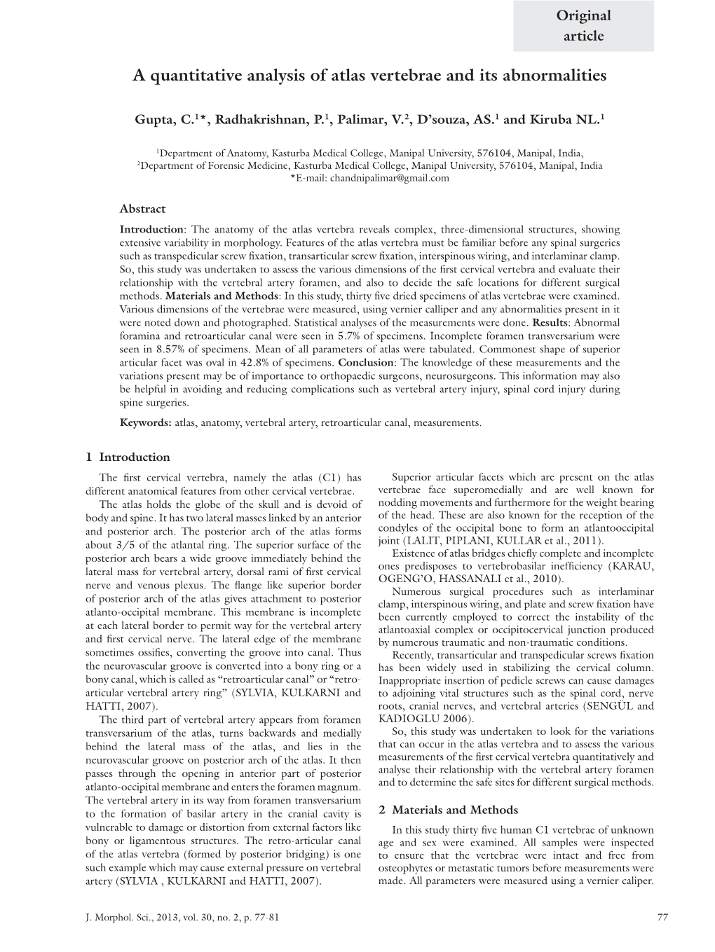 A Quantitative Analysis of Atlas Vertebrae and Its Abnormalities