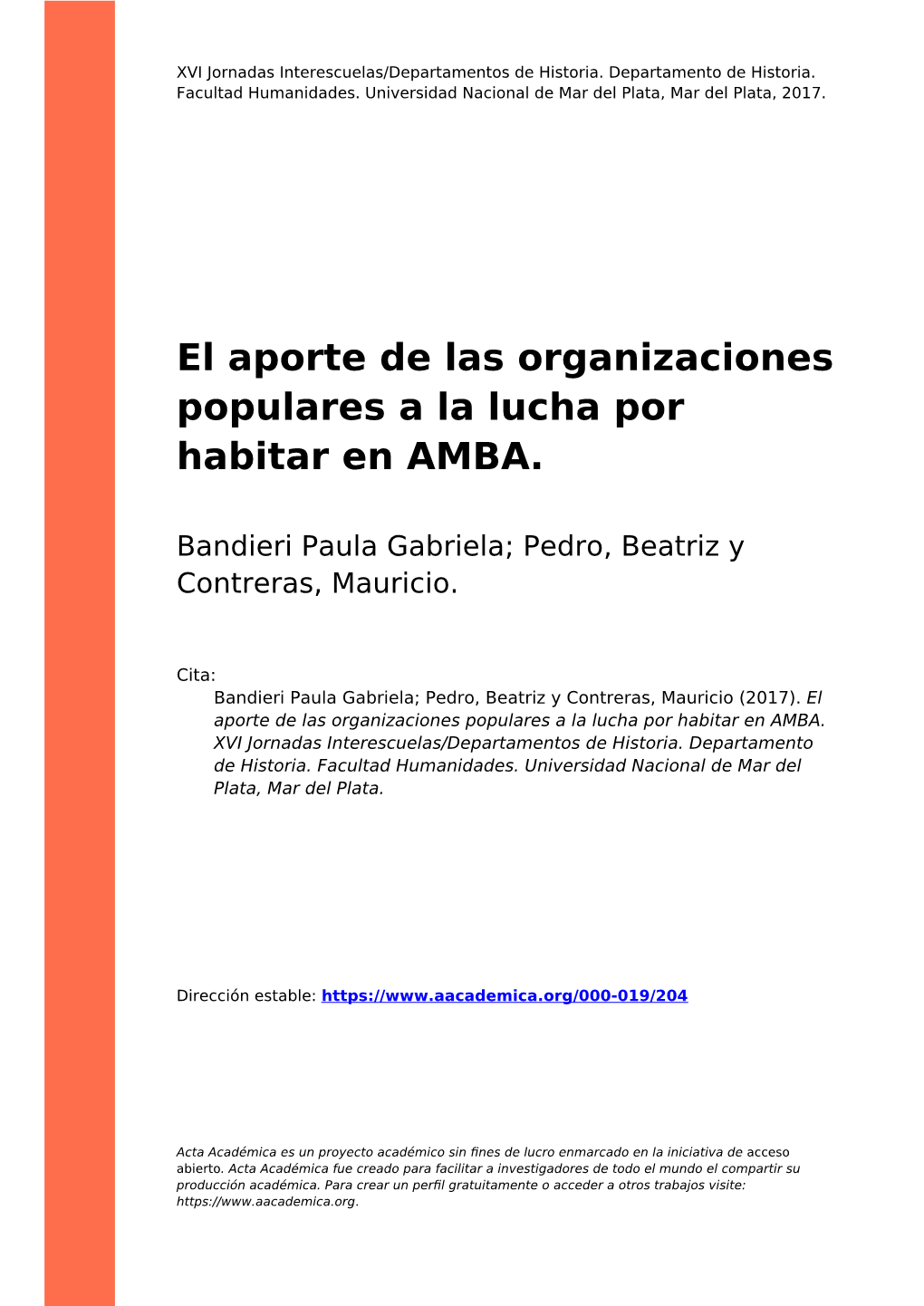 El Aporte De Las Organizaciones Populares a La Lucha Por Habitar En AMBA