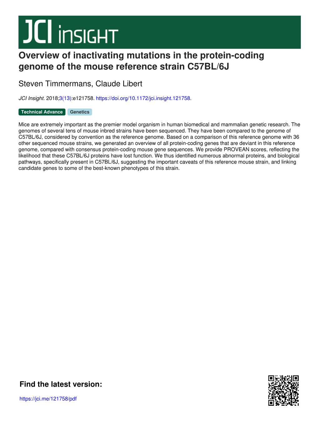 Overview of Inactivating Mutations in the Protein-Coding Genome of the Mouse Reference Strain C57BL/6J