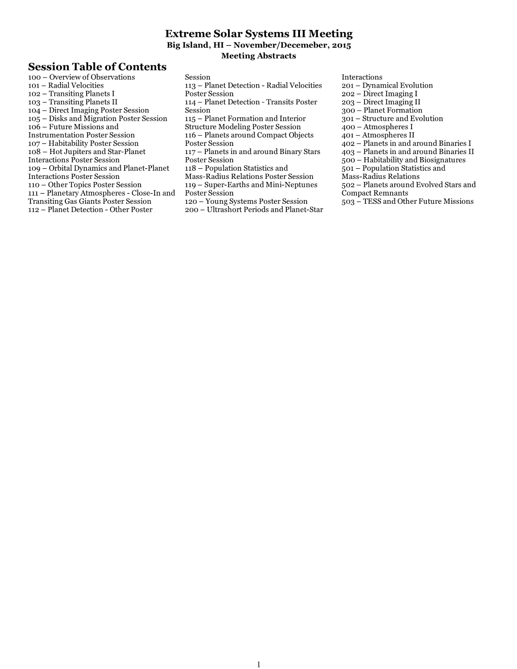 Extreme Solar Systems III Meeting Session Table of Contents