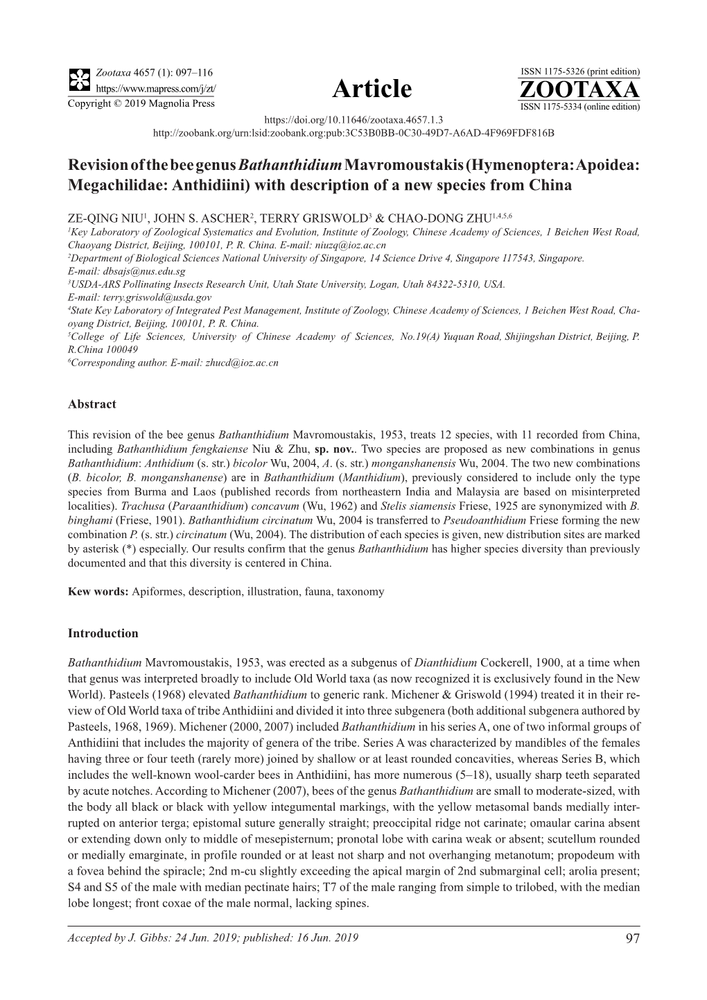 Revision of the Bee Genus Bathanthidium Mavromoustakis (Hymenoptera: Apoidea: Megachilidae: Anthidiini) with Description of a New Species from China