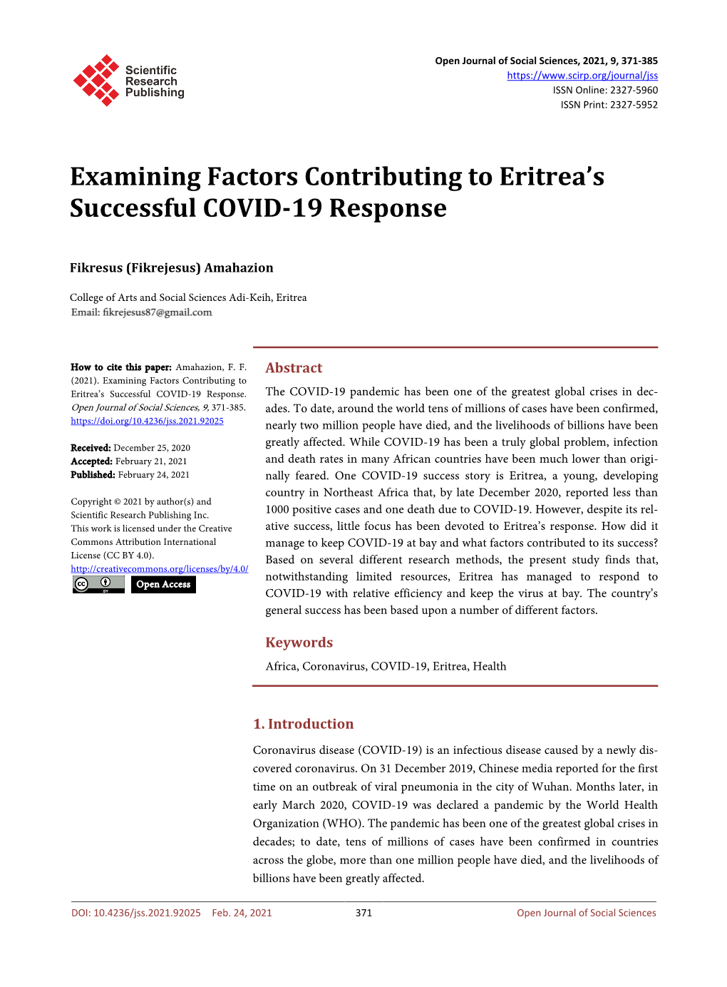 Examining Factors Contributing to Eritrea's Successful COVID-19