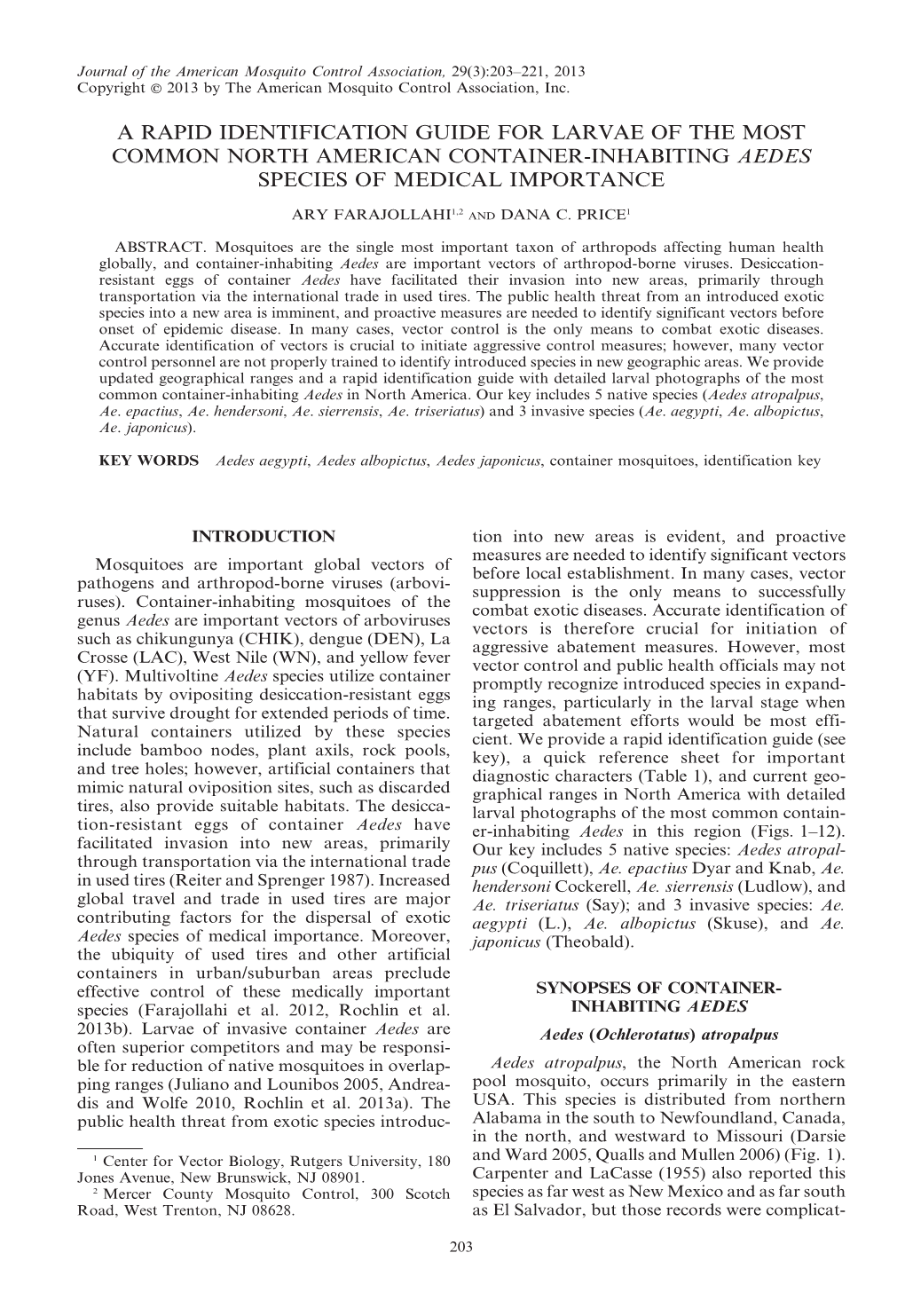 A Rapid Identification Guide for Larvae of the Most Common North American Container-Inhabiting Aedes Species of Medical Importance