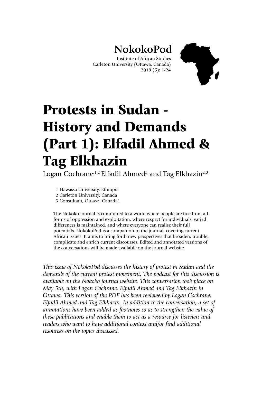 Protests in Sudan - History and Demands (Part 1): Elfadil Ahmed & Tag Elkhazin Logan Cochrane,1,2 Elfadil Ahmed3 and Tag Elkhazin2,3