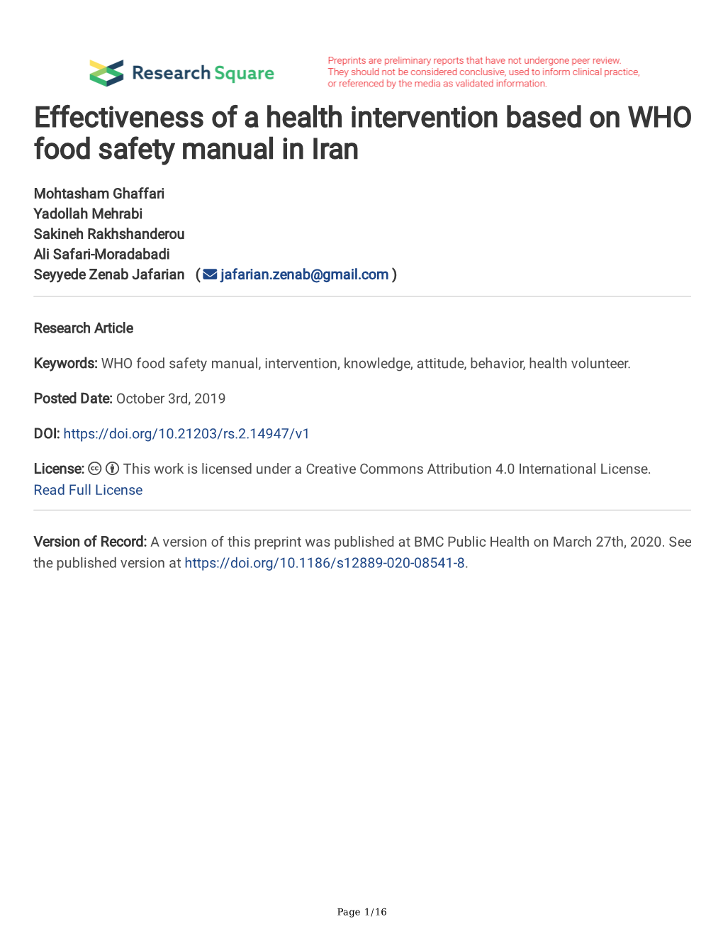 Effectiveness of a Health Intervention Based on WHO Food Safety Manual in Iran