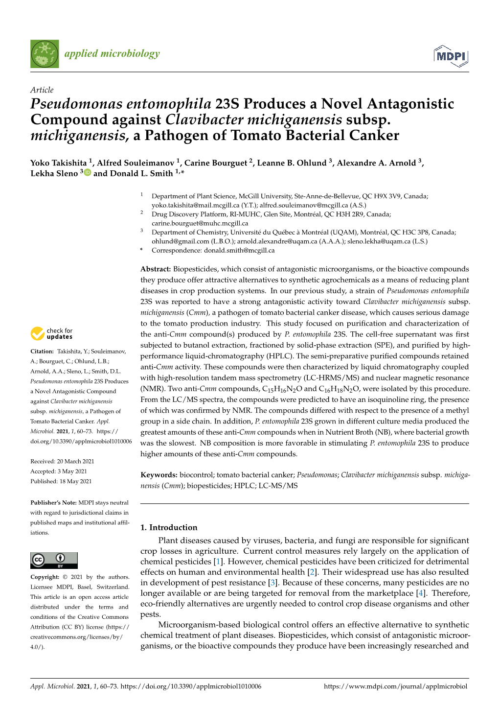 Pseudomonas Entomophila 23S Produces a Novel Antagonistic Compound Against Clavibacter Michiganensis Subsp