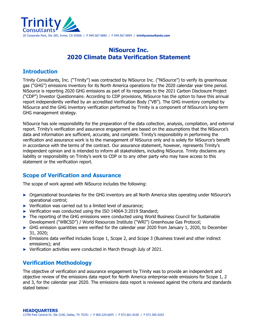 Nisource Inc. 2020 Climate Data Verification Statement