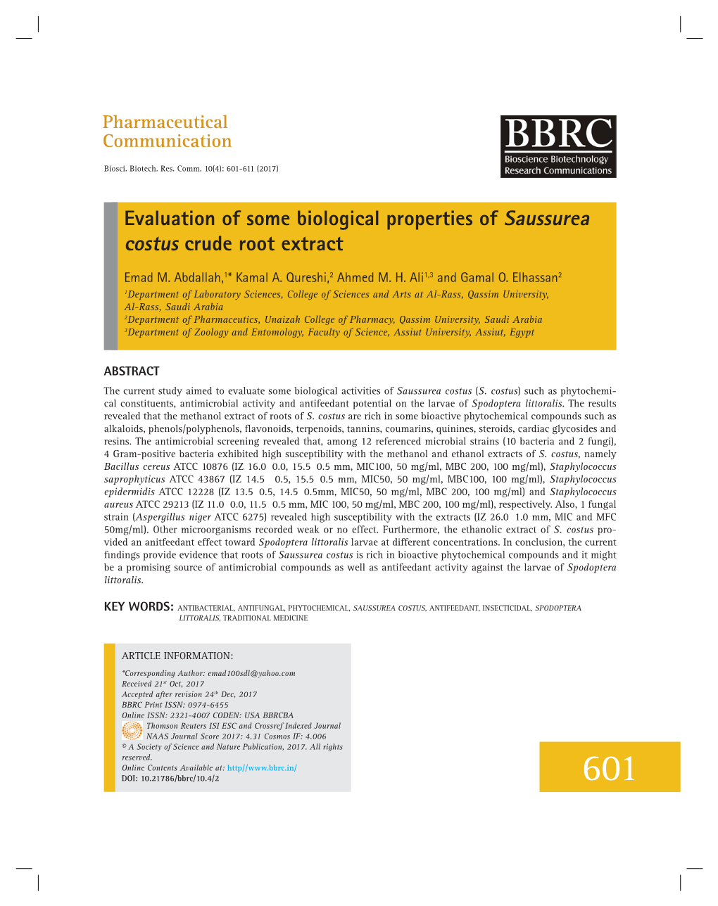 Evaluation of Some Biological Properties of Saussurea Costus Crude Root Extract