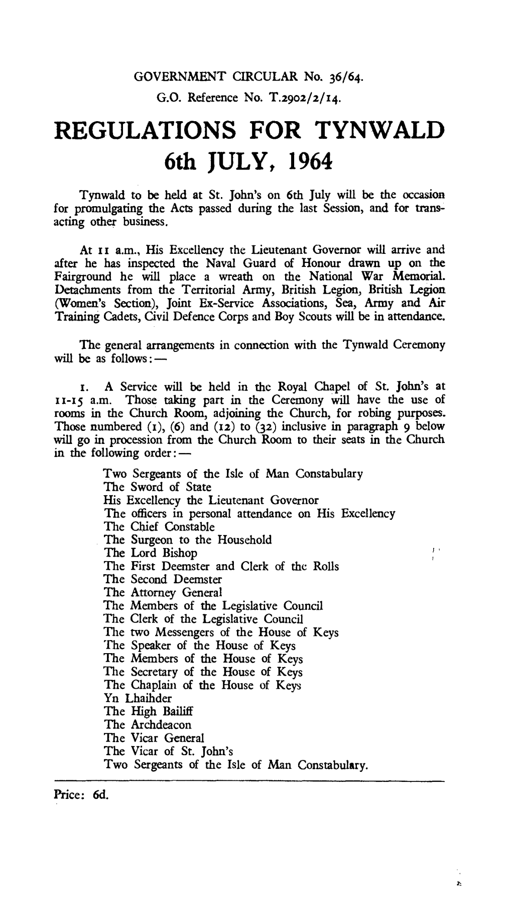 REGULATIONS for TYNWALD 6Th JULY, 1964