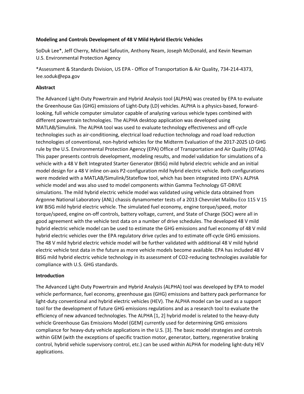 Modeling and Controls Development of 48V Mild Hybrid Electric Vehicles