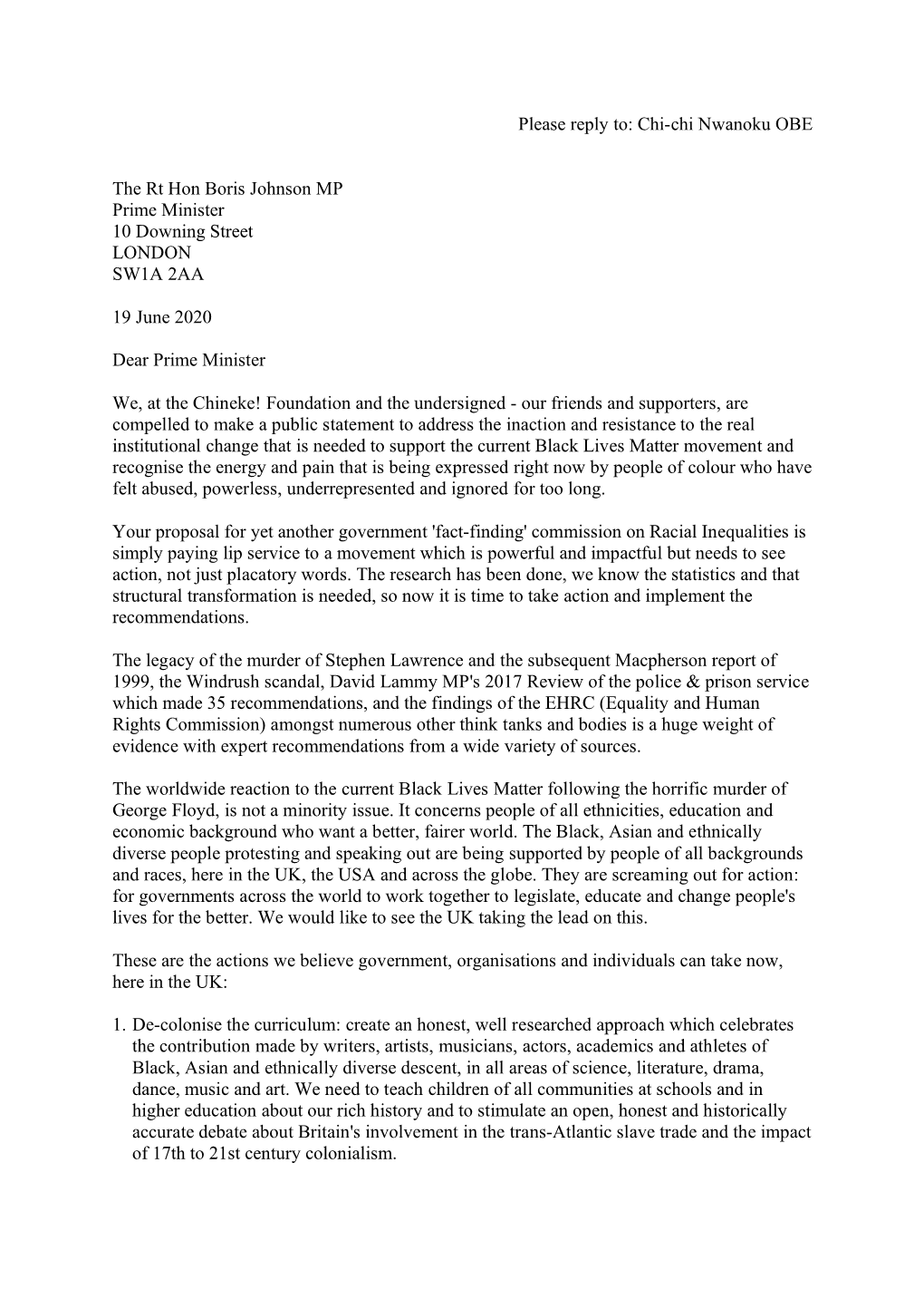 Please Reply To: Chi-Chi Nwanoku OBE the Rt Hon Boris Johnson MP