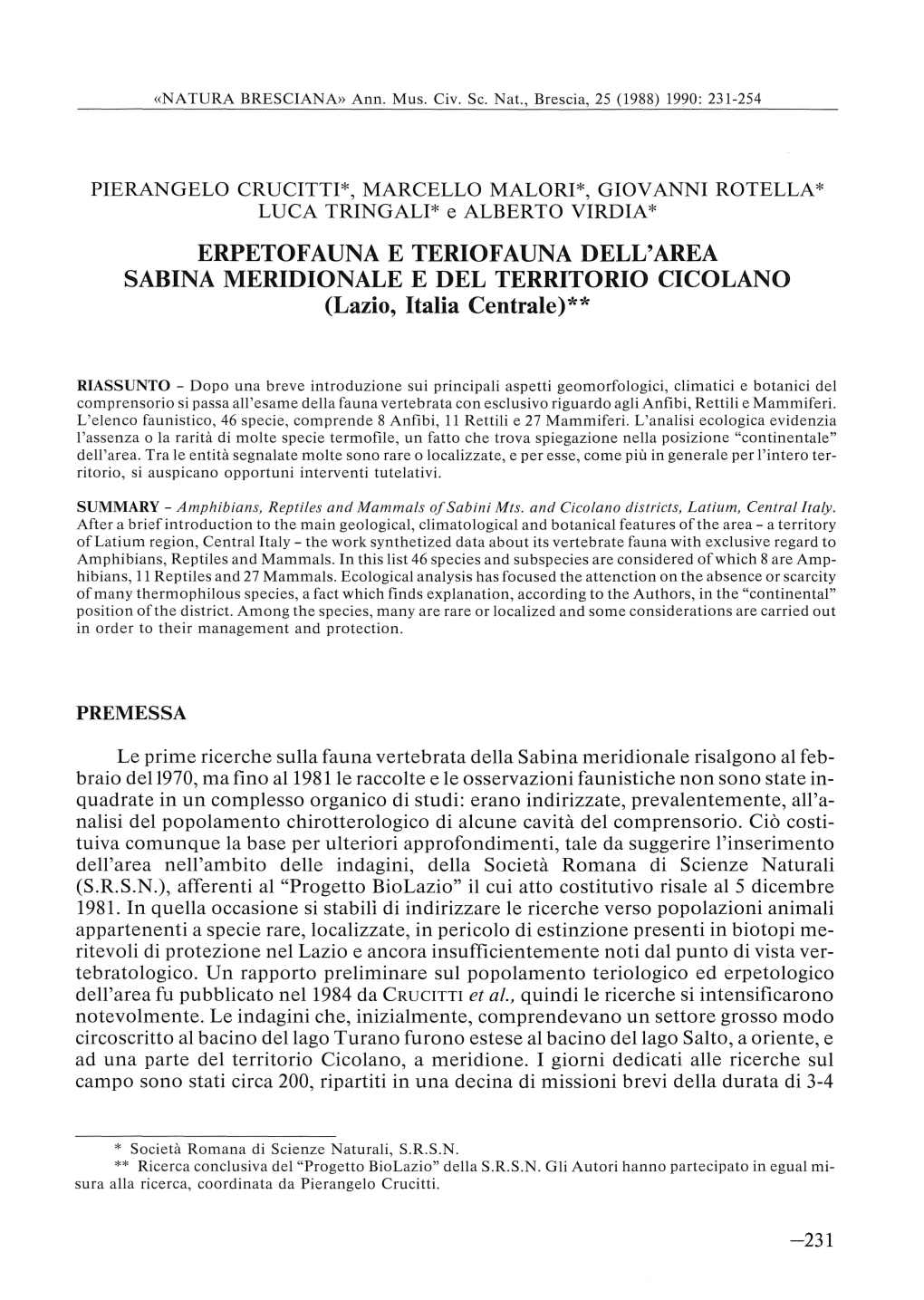 ERPETOFAUNA E TERIOFAUNA DELL'area SABINA MERIDIONALE E DEL TERRITORIO CICOLANO (Lazio, Italia Centrale)**