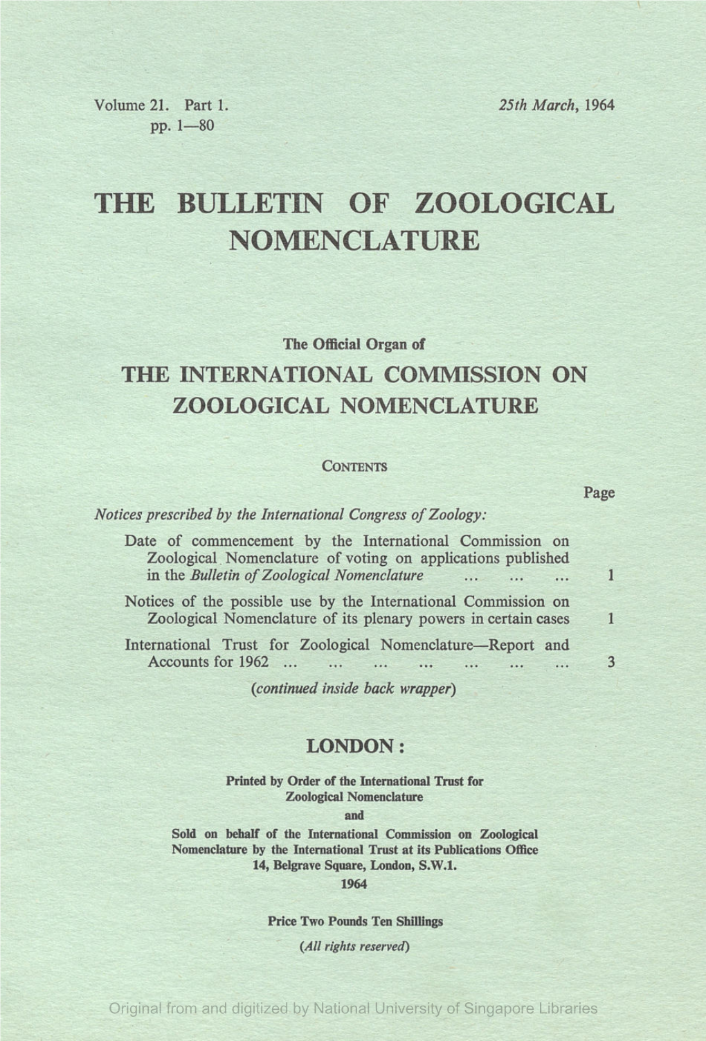 The Bulletin of Zoological Nomenclature, Vol.21, Part 1