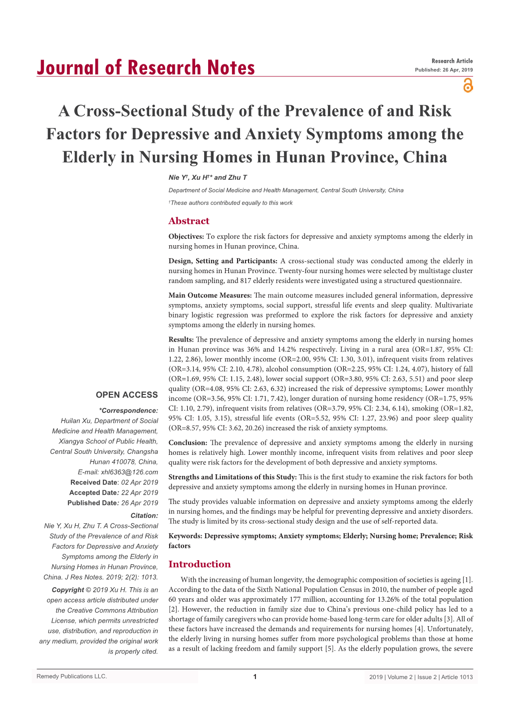 A Cross-Sectional Study of the Prevalence of and Risk Factors for Depressive and Anxiety Symptoms Among the Elderly in Nursing Homes in Hunan Province, China
