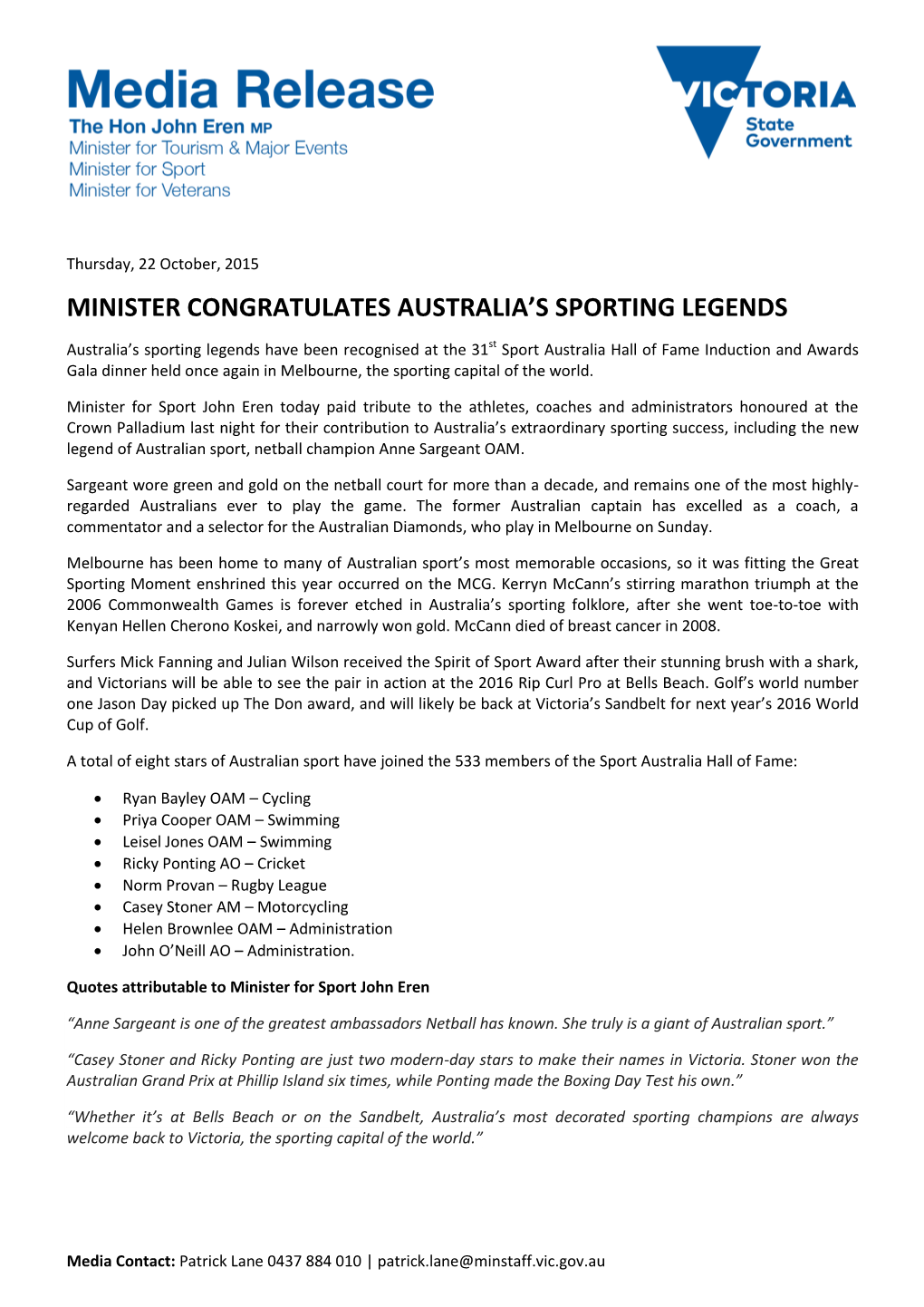 Minister Congratulates Australia's Sporting Legends