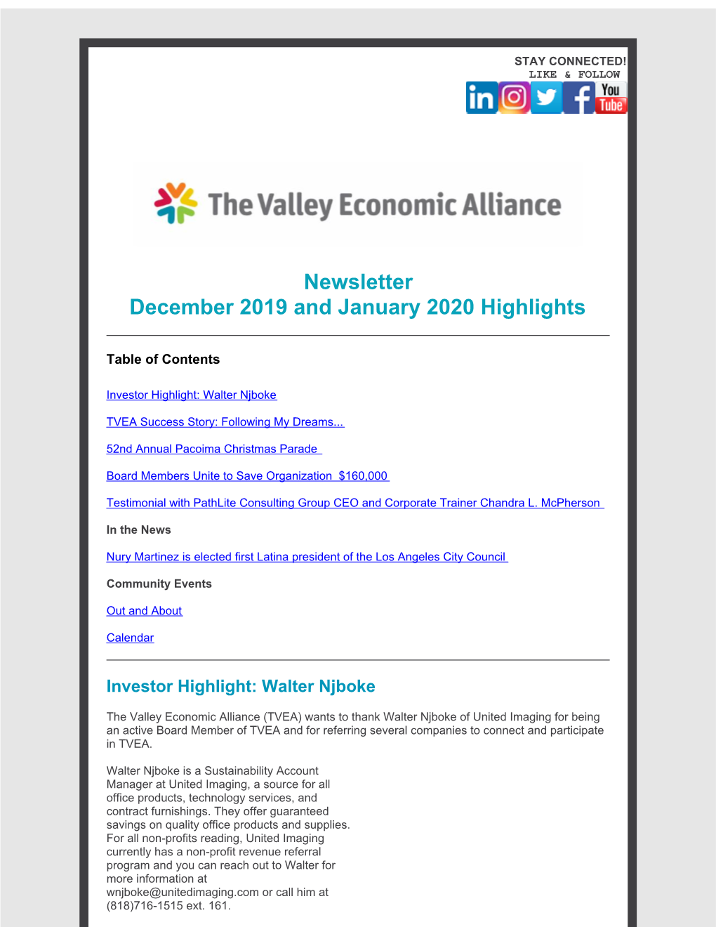 Newsletter December 2019 and January 2020 Highlights