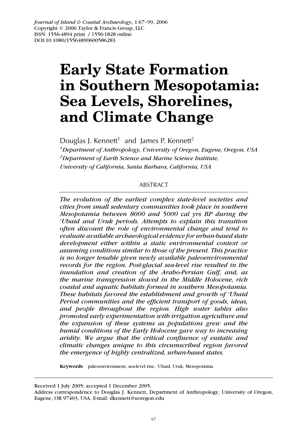 Early State Formation in Southern Mesopotamia: Sea Levels, Shorelines, and Climate Change