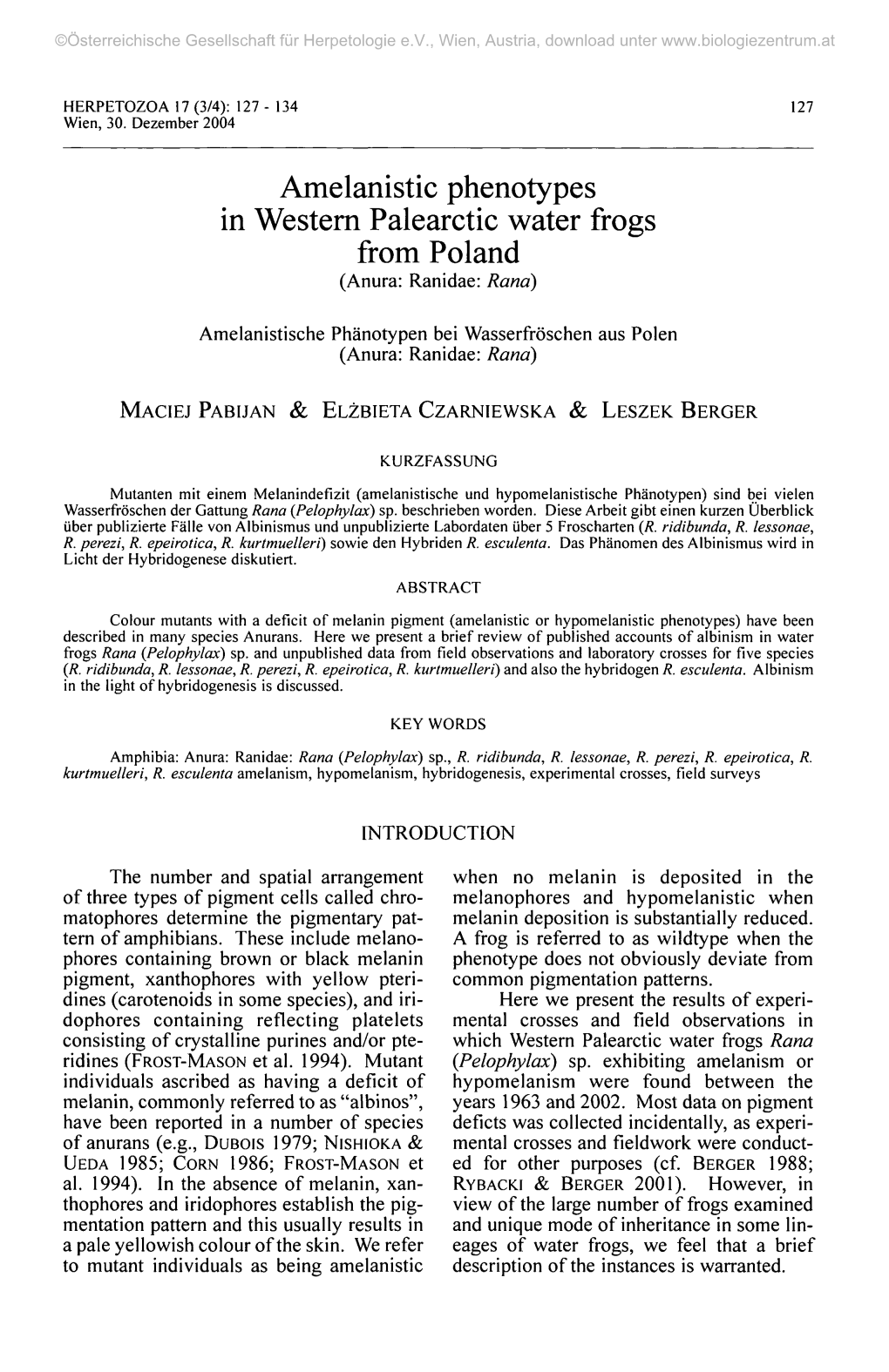 Amelanistic Phenotypes in Western Palearctic Water Frogs from Poland (Anura: Ranidae: Rana)