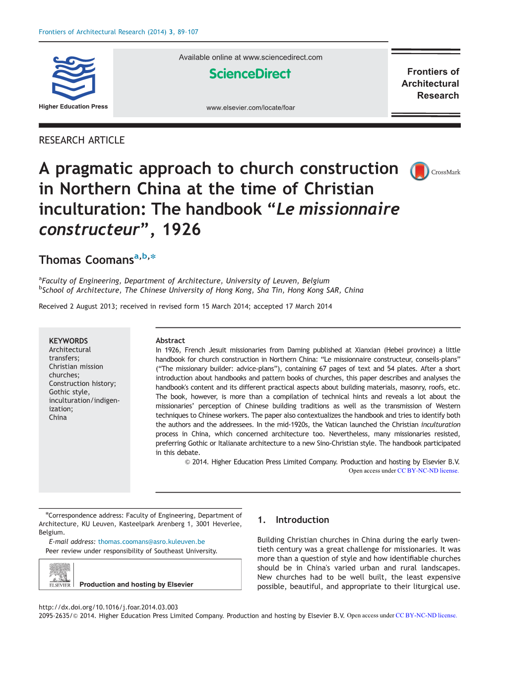 A Pragmatic Approach to Church Construction in Northern China at the Time of Christian Inculturation: the Handbook “Le Missionnaire Constructeur”, 1926