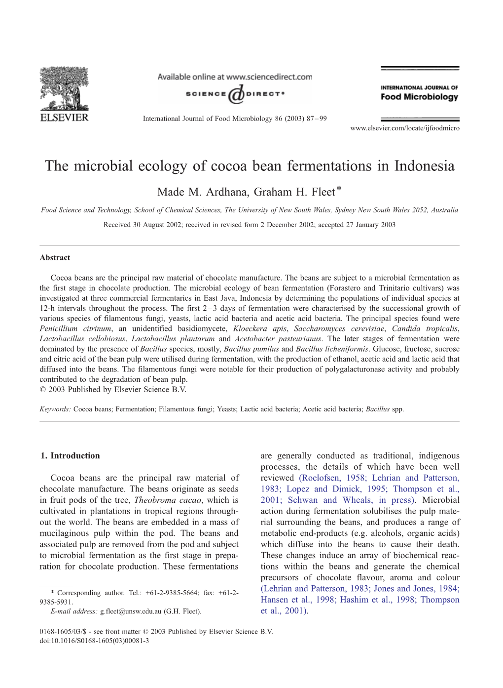 The Microbial Ecology of Cocoa Bean Fermentations in Indonesia