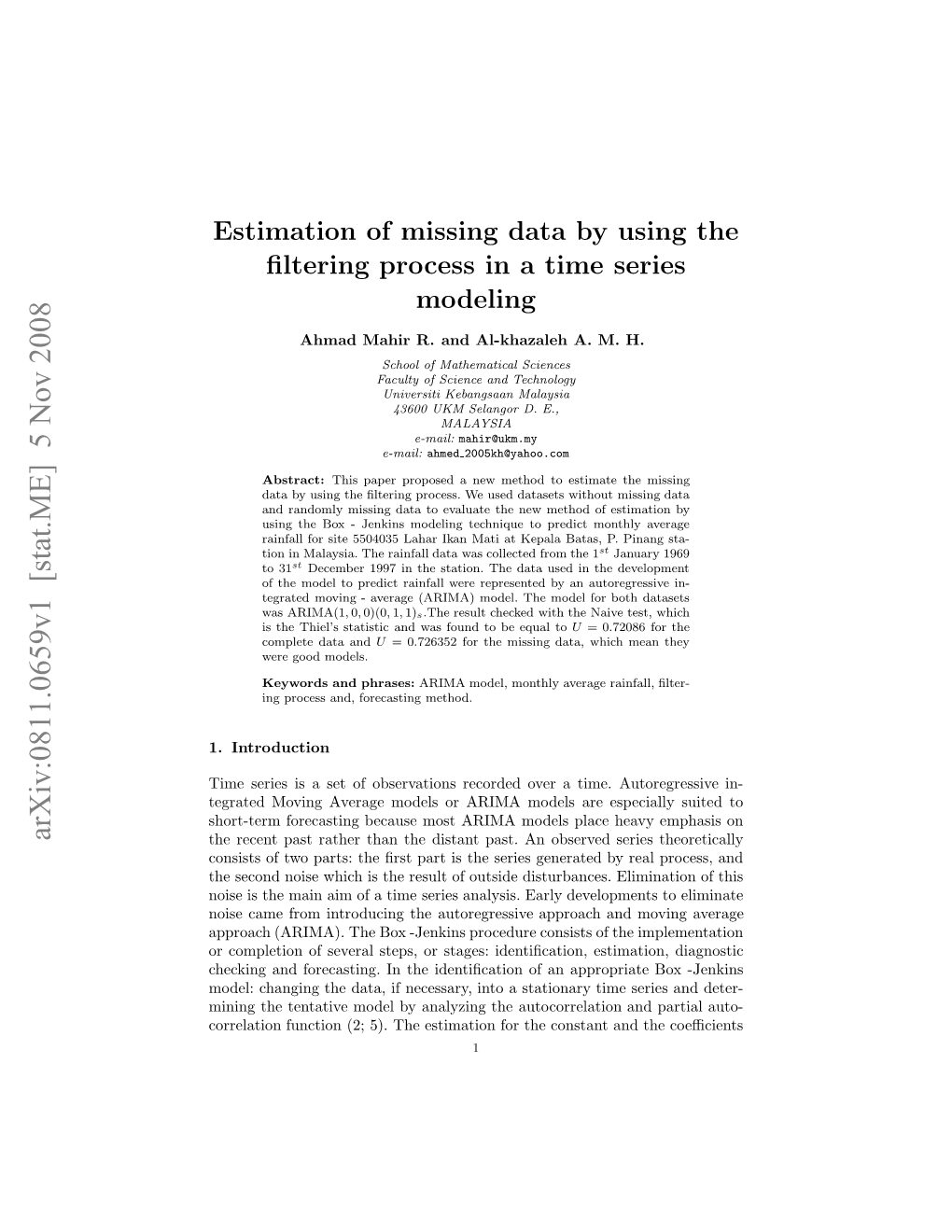 Estimation of Missing Data by Using the Filtering Process in a Time Series