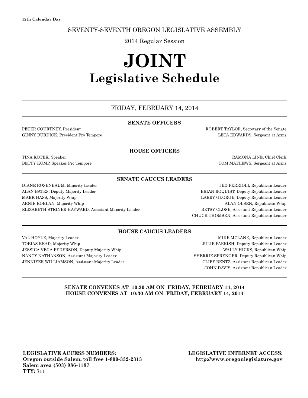 Legislative Schedule