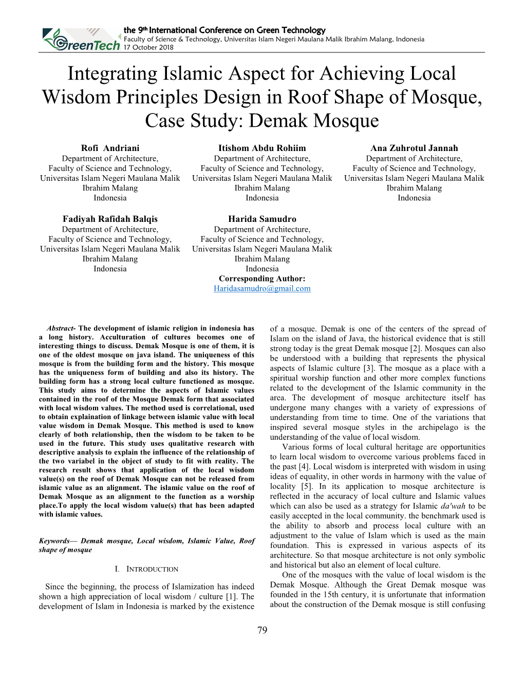 Integrating Islamic Aspect for Achieving Local Wisdom Principles Design in Roof Shape of Mosque, Case Study: Demak Mosque