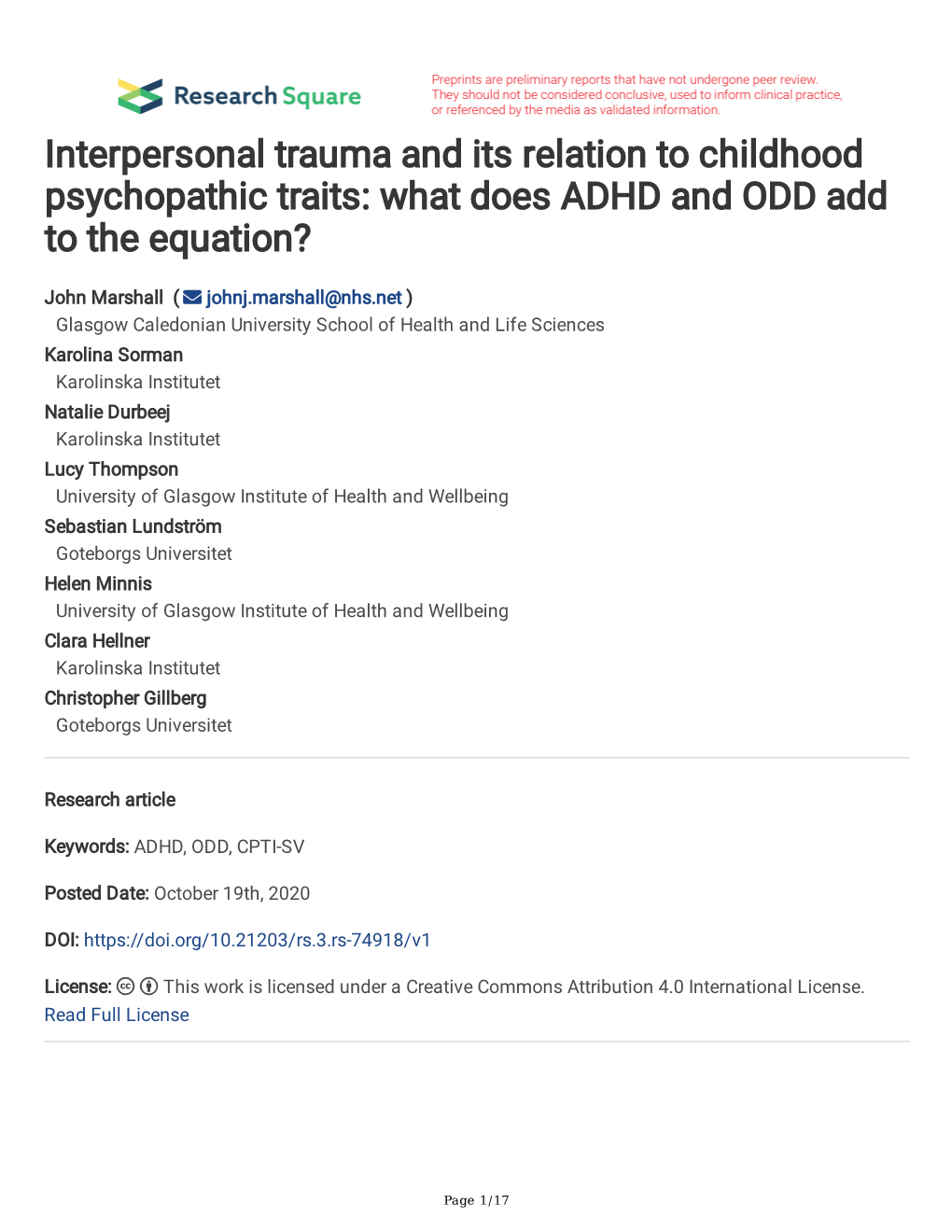 Interpersonal Trauma and Its Relation to Childhood Psychopathic Traits: What Does ADHD and ODD Add to the Equation?