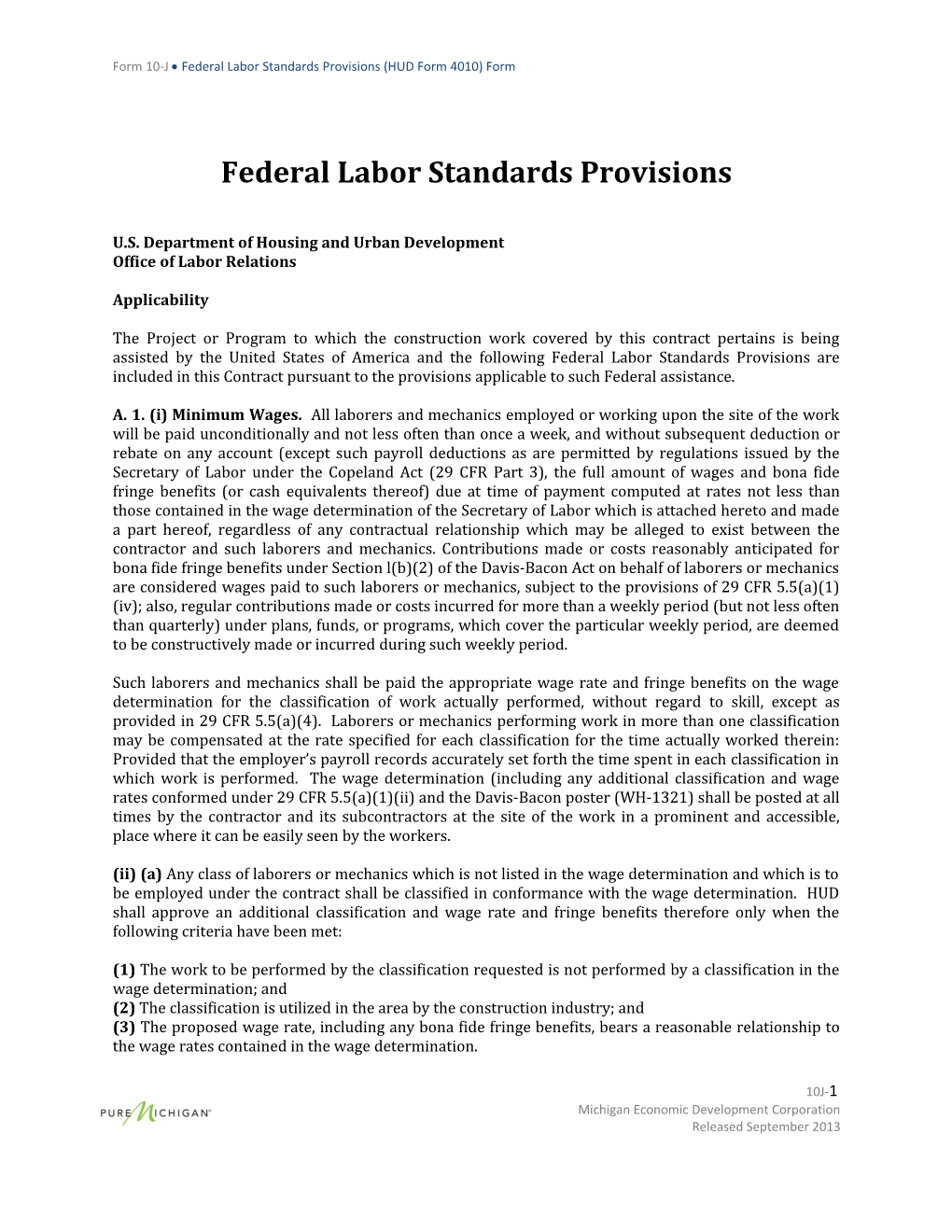 Form 10-J Federal Labor Standards Provisions (HUD Form 4010) Form