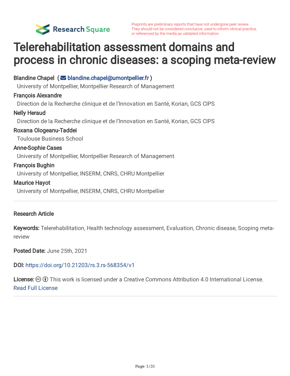Telerehabilitation Assessment Domains and Process in Chronic Diseases: a Scoping Meta-Review