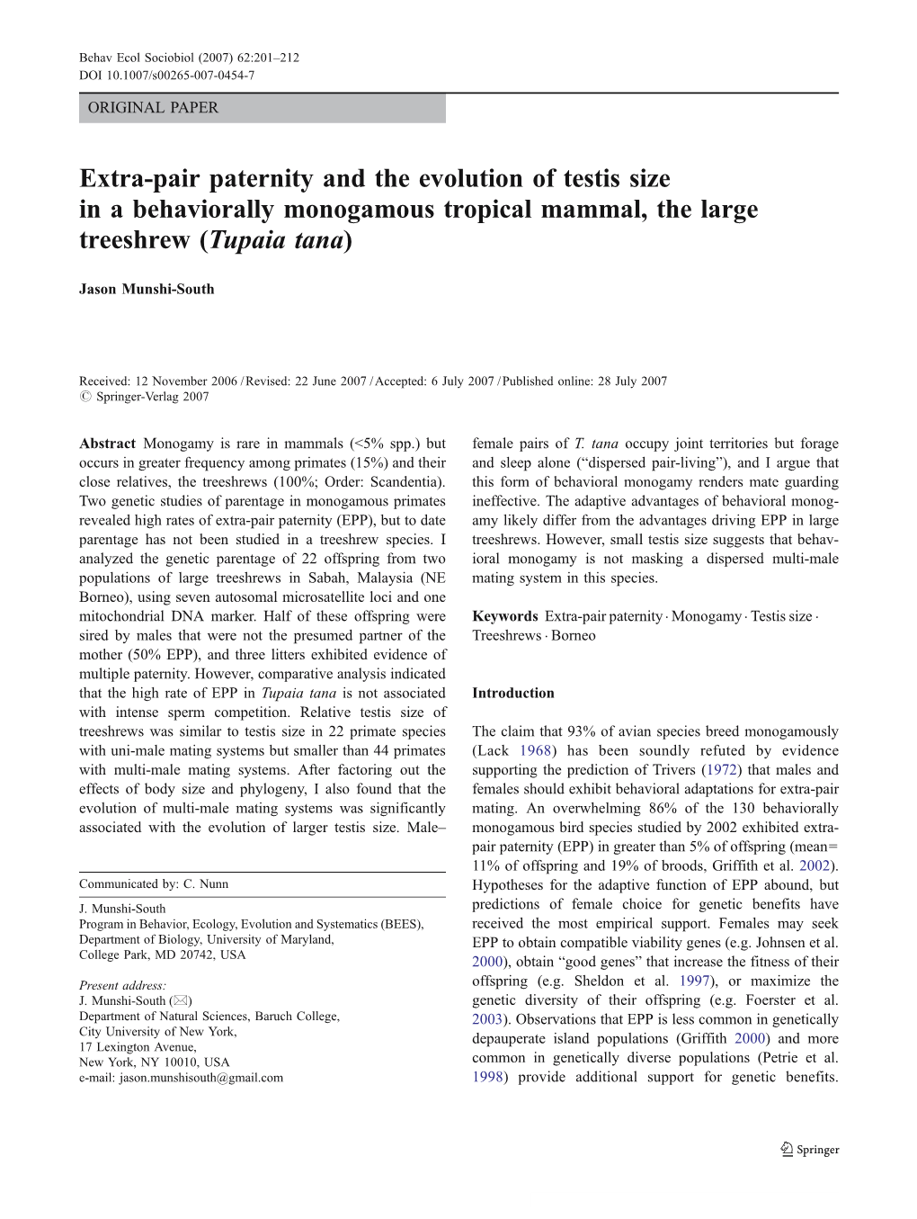 Extra-Pair Paternity and the Evolution of Testis Size in a Behaviorally Monogamous Tropical Mammal, the Large Treeshrew (Tupaia Tana)