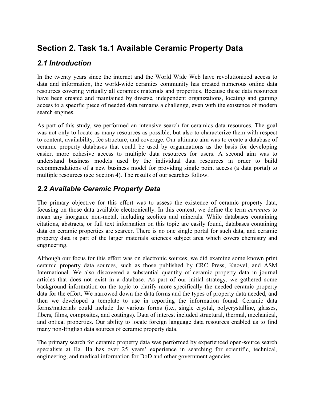 Section 2. Task 1A.1 Available Ceramic Property Data 2.1 Introduction