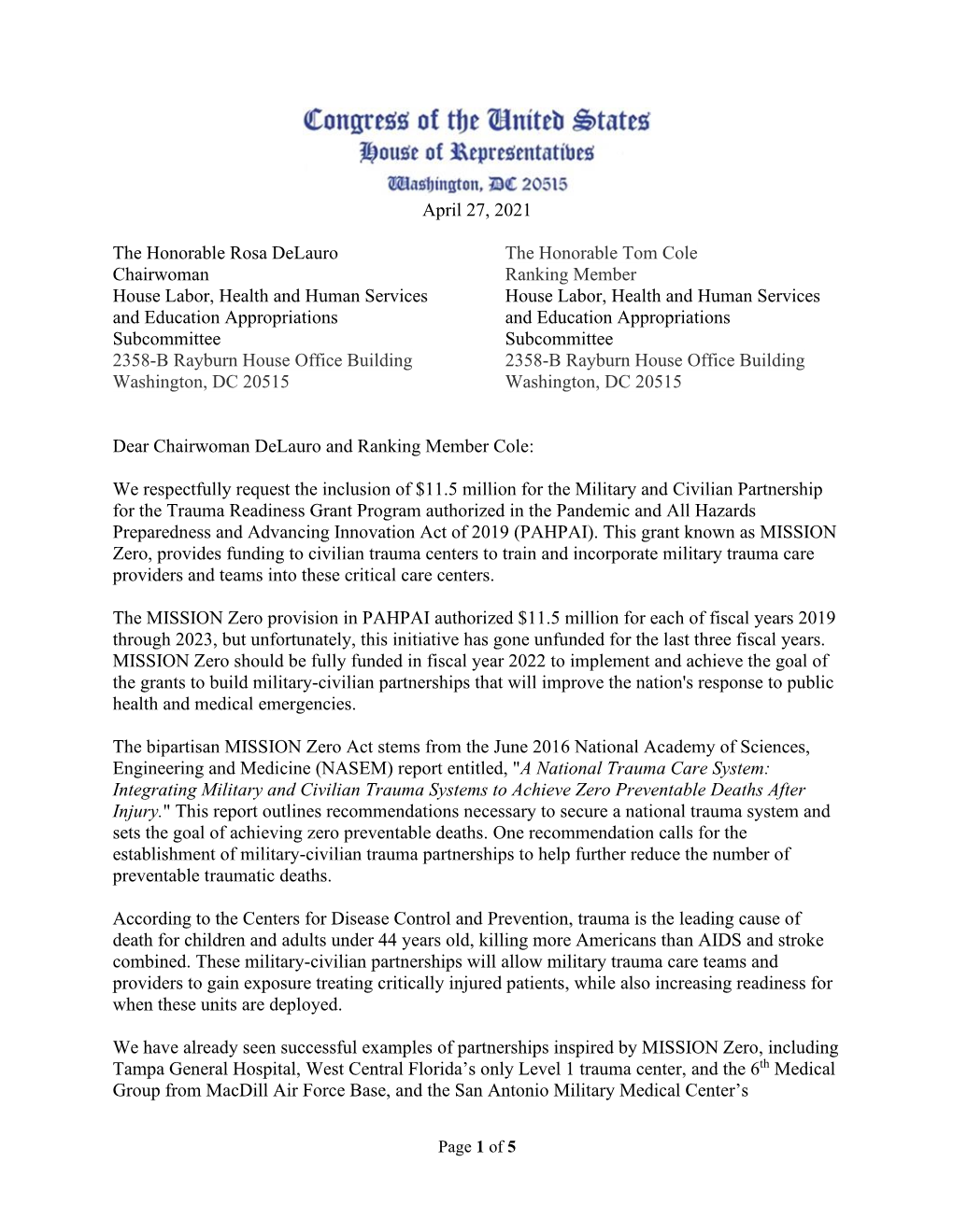 House MISSION ZERO Appropriations Letter Led by Reps. Burgess And