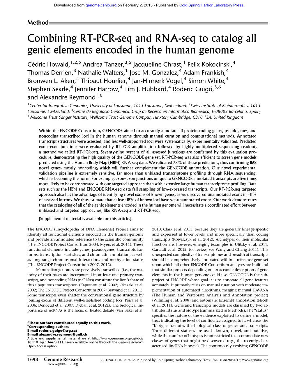 Combining RT-PCR-Seq and RNA-Seq to Catalog All Genic Elements Encoded in the Human Genome