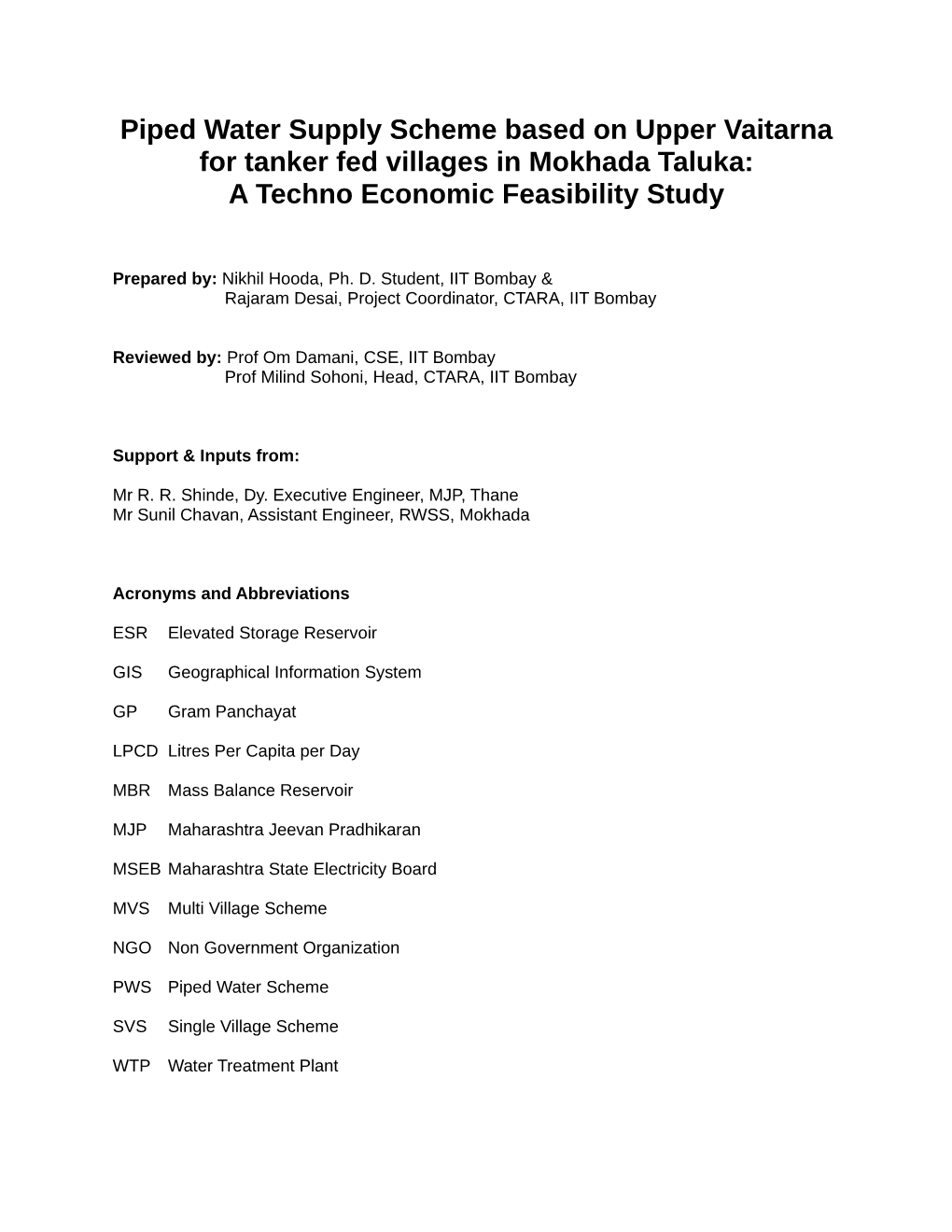 Piped Water Supply Scheme Based on Upper Vaitarna for Tanker Fed Villages in Mokhada Taluka: a Techno Economic Feasibility Study