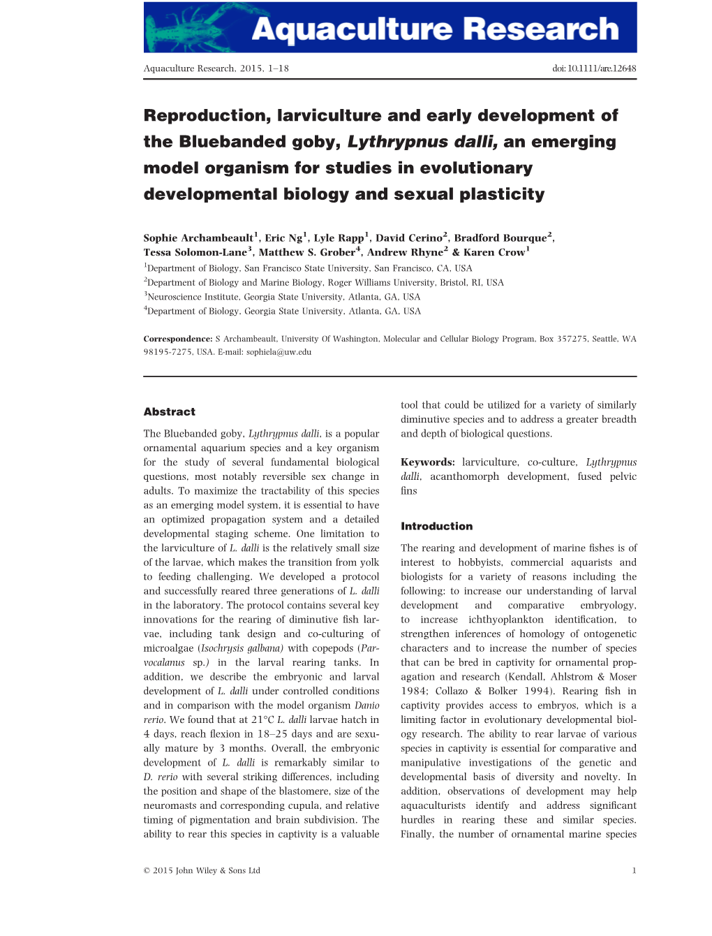 Reproduction, Larviculture and Early Development of the Bluebanded